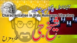 Cover image depicting Sheikh Ji from Aaina-e-Khandan by Dr. Syed Safdar Hussain, showcasing characterization in Urdu humorous literature.
