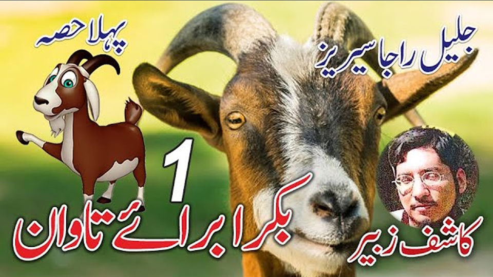 Funny Urdu story about Eid al-Adha featuring Jalil and Raja, with a goat and author Kashif Zubair on the cover of “Bakra Baraye Tawan