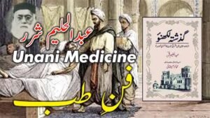 "Illustration of Muslim physicians practicing Unani medicine, featuring Abdul Haleem Sharar and his book 'Guzashta Lucknow' — highlighting the legacy of traditional Islamic healing in Lucknow."